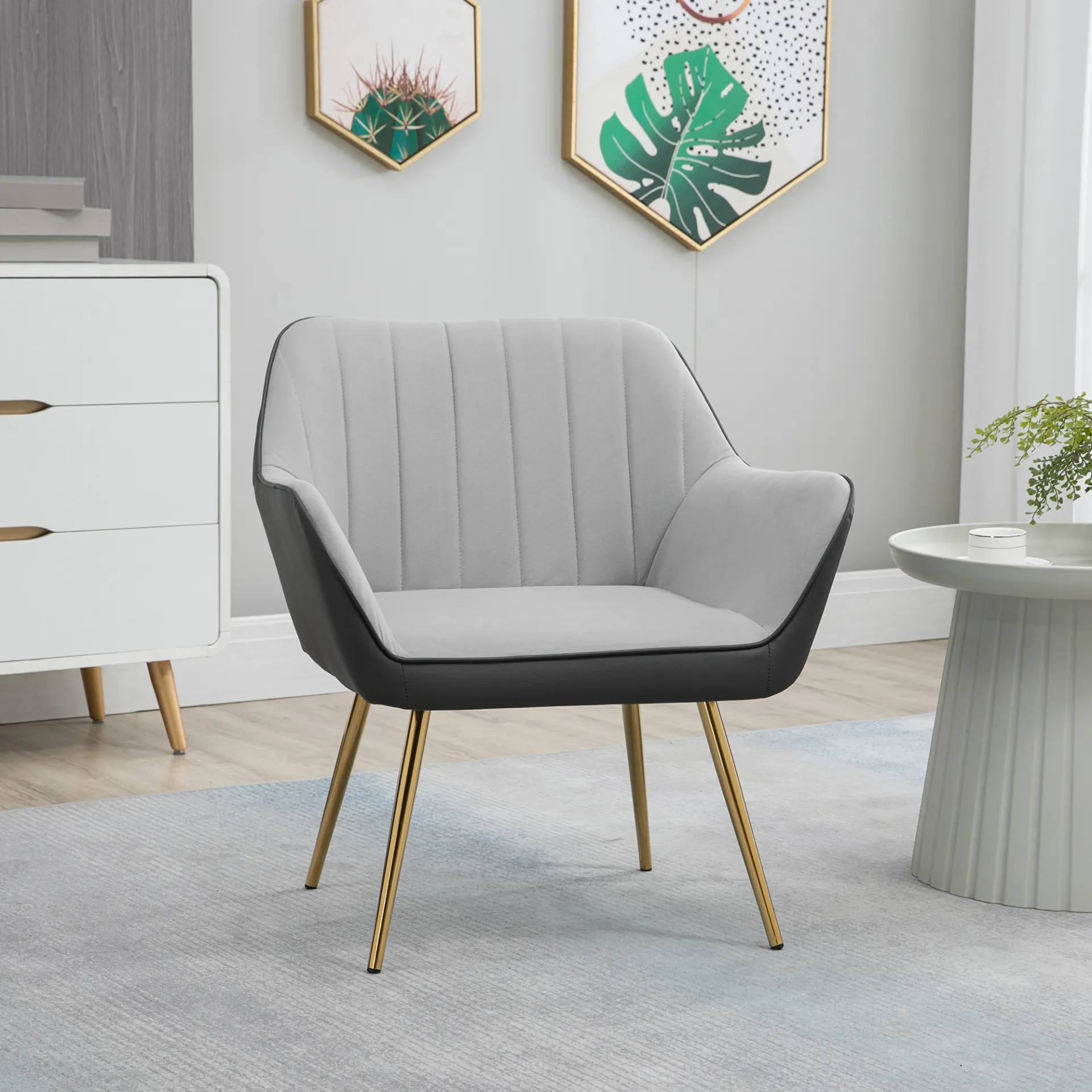 HOMCOM Modern Velvet Armchairs with Gold Steel Legs, Upholstered Accent Chairs for Living Room and Bedroom, Light Grey - Stylish & Comfortable Seating