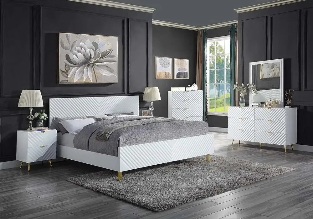 Myra Queen Bed, White High Gloss Finish