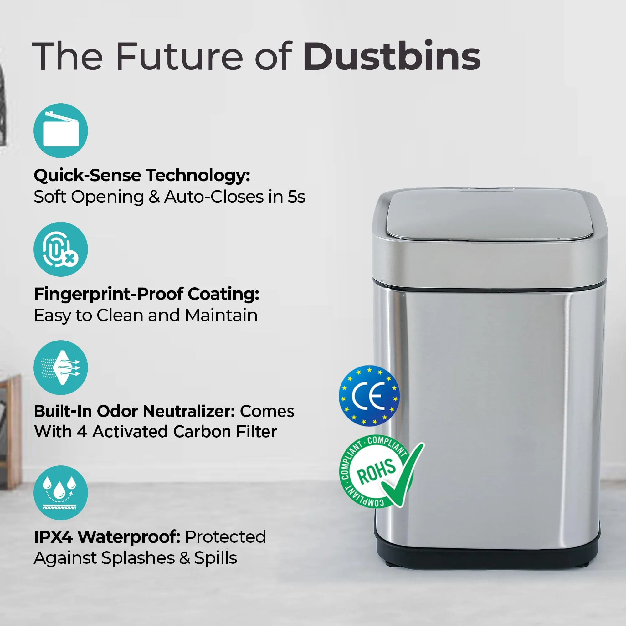 The Better Home 10L Dustbin For Kitchen | Dustbin For Bathroom | 31 cm Automatic Smart Sensor Dustbin For Bedroom | Steel Dustbin With Lid | Dustbin For Office | Garbage Bin - Silver