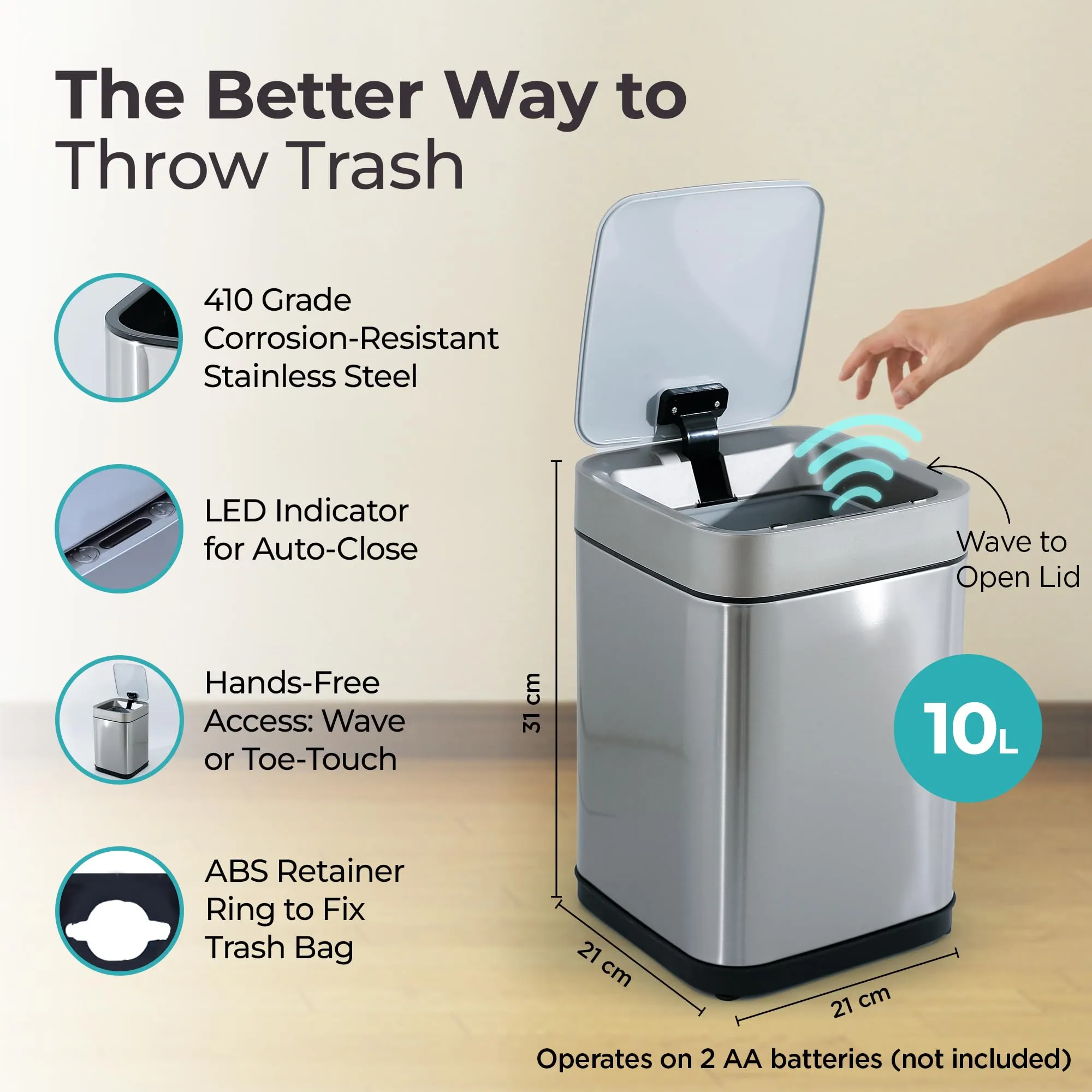 The Better Home 10L Dustbin For Kitchen | Dustbin For Bathroom | 31 cm Automatic Smart Sensor Dustbin For Bedroom | Steel Dustbin With Lid | Dustbin For Office | Garbage Bin - Silver