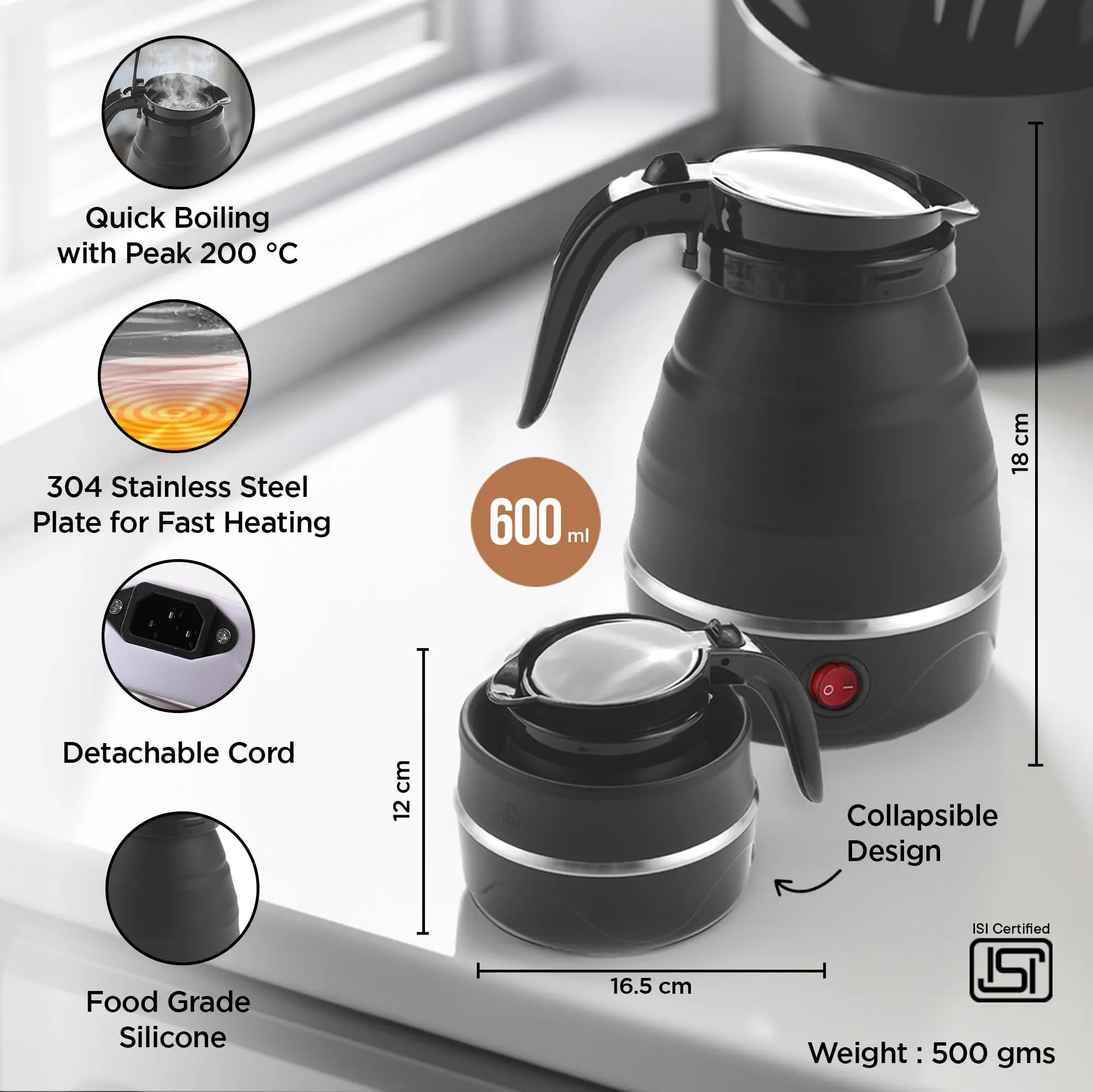 UMAI Foldable Small Electric Kettle 600Ml Food Grade Silicone Body|Leak Proof Design|304-Stainless Steel Base|Multipurpose Portable Electric Kettle For Travel, Office, Home Use 600 Watts Black