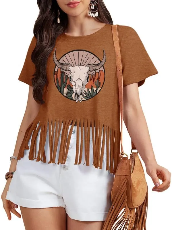Women Graphic Tees Western Shirts Vintage Cowgirl Fringe Shirt Country Concert Tops Short Sleeve