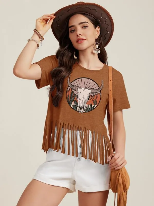 Women Graphic Tees Western Shirts Vintage Cowgirl Fringe Shirt Country Concert Tops Short Sleeve