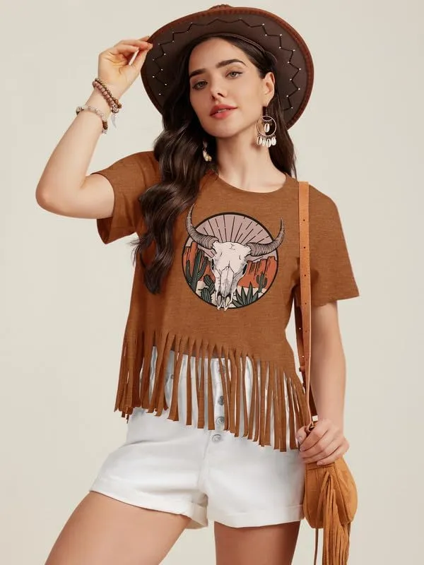 Women Graphic Tees Western Shirts Vintage Cowgirl Fringe Shirt Country Concert Tops Short Sleeve