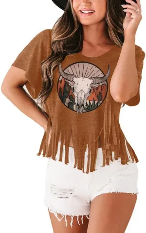 Women Graphic Tees Western Shirts Vintage Cowgirl Fringe Shirt Country Concert Tops Short Sleeve